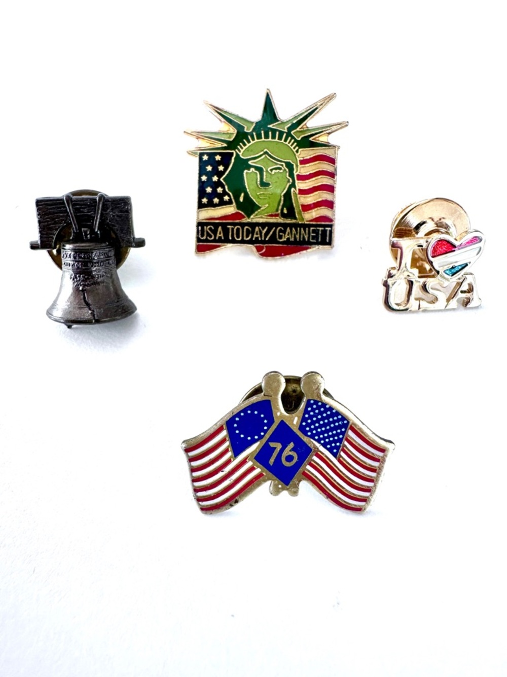 Four Patriotic Pins/Tie Tacs Flags Liberty Bell, I Love USA Statue of Liberty
